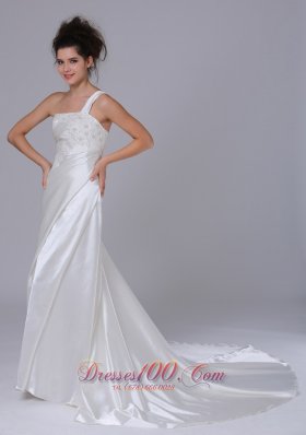 One Shoulder Beading Taffeta Bridal Wedding Gown With Court Train