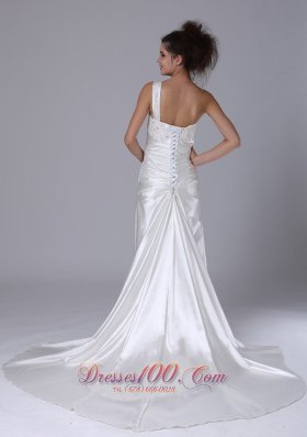 One Shoulder Beading Taffeta Bridal Wedding Gown With Court Train