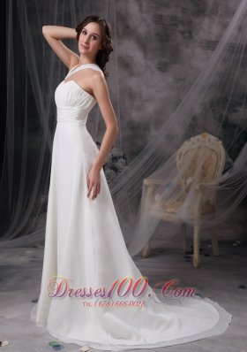 Asymmetrical Straps Chiffon Ruch Wedding Gown With Court Train