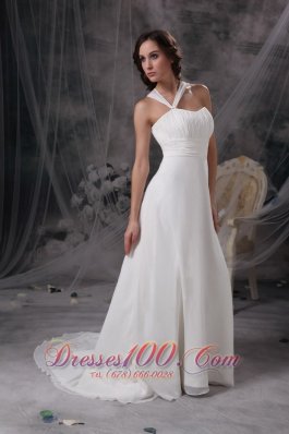 Asymmetrical Straps Chiffon Ruch Wedding Gown With Court Train