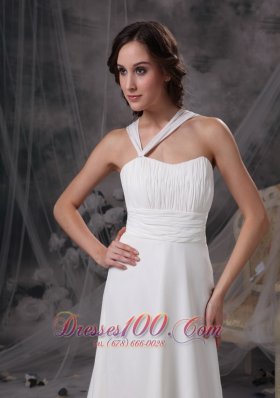 Asymmetrical Straps Chiffon Ruch Wedding Gown With Court Train