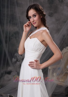 Asymmetrical Straps Chiffon Ruch Wedding Gown With Court Train