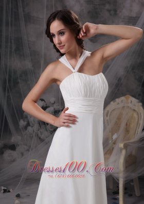 Asymmetrical Straps Chiffon Ruch Wedding Gown With Court Train