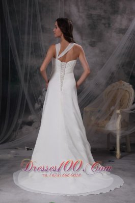 Asymmetrical Straps Chiffon Ruch Wedding Gown With Court Train