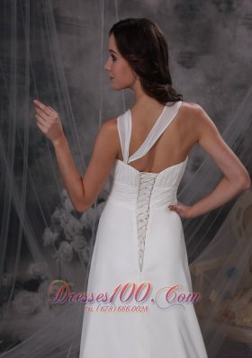 Asymmetrical Straps Chiffon Ruch Wedding Gown With Court Train