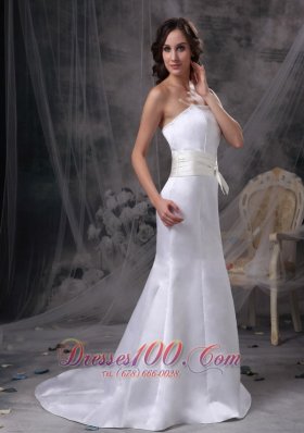 Strapless Mermaid Satin Belt Bridal Dress With Brush Train