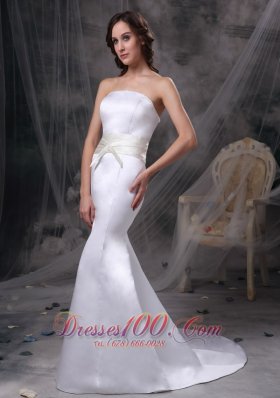 Strapless Mermaid Satin Belt Bridal Dress With Brush Train