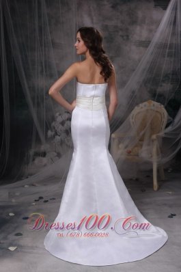 Strapless Mermaid Satin Belt Bridal Dress With Brush Train