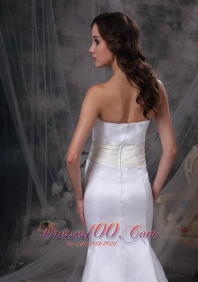 Strapless Mermaid Satin Belt Bridal Dress With Brush Train