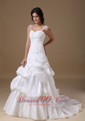 Straps Princess Taffeta Wedding Dress Court Train Appliques