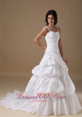 Straps Princess Taffeta Wedding Dress Court Train Appliques