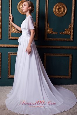 V-neck Chiffon Court Train Bridal Wedding Dress with Appliques