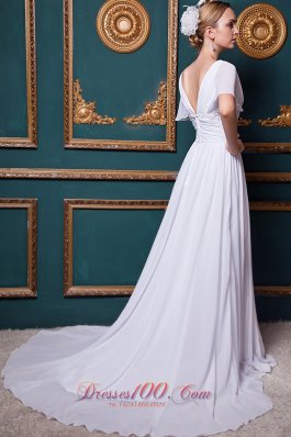 V-neck Chiffon Court Train Bridal Wedding Dress with Appliques