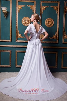 V-neck Chiffon Court Train Bridal Wedding Dress with Appliques