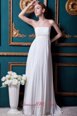 Strapless Chiffon Brush Train Wedding Gown Beading and Pleat