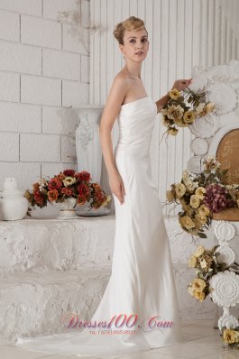 Ruched Chiffon Strapless Brush Train Wedding Bridal Dress Column