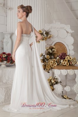 Chiffon One Shoulder Wedding Bridal Gown Beading Brush Train