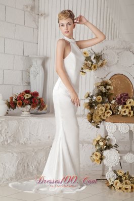 Low Cost Halter Top Brush Train Wedding Gown Taffeta Column