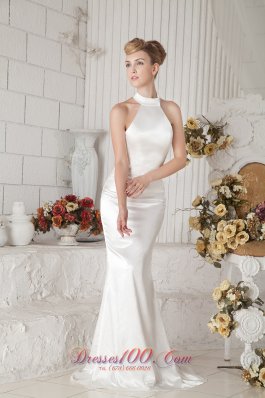 Low Cost Halter Top Brush Train Wedding Gown Taffeta Column