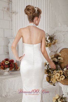 Low Cost Halter Top Brush Train Wedding Gown Taffeta Column