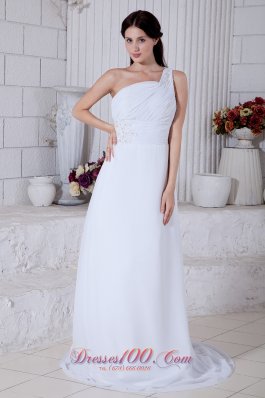 Chiffon One Shoulder Column Bridal Dress Brush Train Appliques