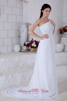 Chiffon One Shoulder Column Bridal Dress Brush Train Appliques