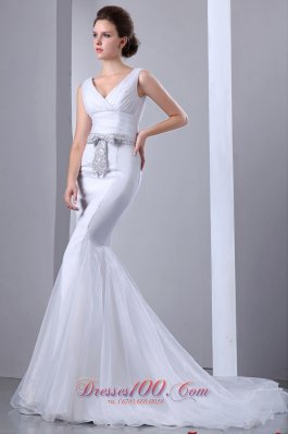 Satin and Organza Mermaid Wedding Gown Court Train V-neck Bow