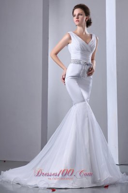 Satin and Organza Mermaid Wedding Gown Court Train V-neck Bow