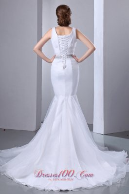 Satin and Organza Mermaid Wedding Gown Court Train V-neck Bow