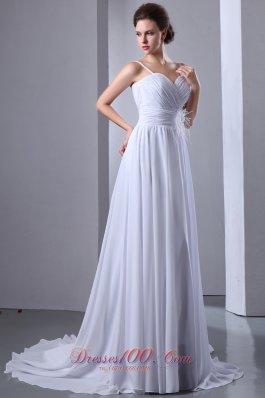 Ruched Chiffon Spaghetti Straps Wedding Gown Court Train