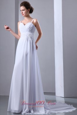 Ruched Chiffon Spaghetti Straps Wedding Gown Court Train