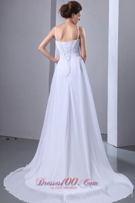 Ruched Chiffon Spaghetti Straps Wedding Gown Court Train