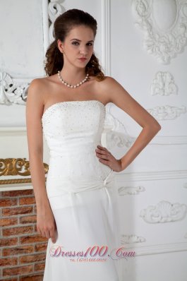 Strapless Chiffon Column Bridal Dress Appliques Court Train