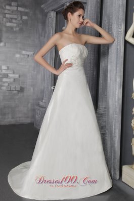 Appliques Brush Train Bridal Wedding Gown Strapless Taffeta