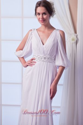 Discount V-neck Chiffon Bridal Gown Court Train Beading Empire