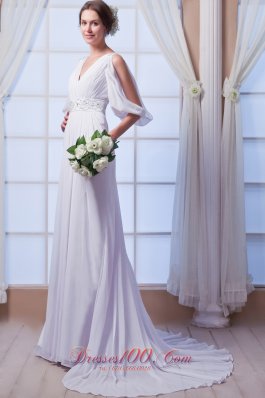 Discount V-neck Chiffon Bridal Gown Court Train Beading Empire