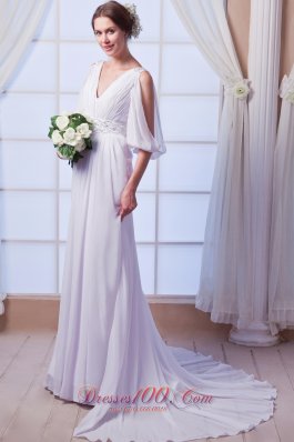 Discount V-neck Chiffon Bridal Gown Court Train Beading Empire