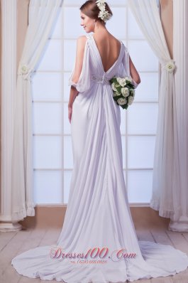 Discount V-neck Chiffon Bridal Gown Court Train Beading Empire