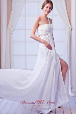 One Shoulder Empire Bridal Dress Chiffon Court Train Beading