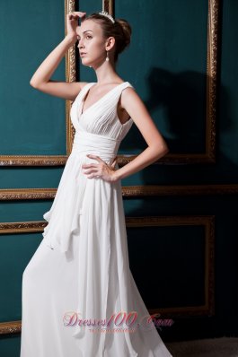 V-neck Brush Train Empire Wedding Bridal Dress Ruched Chiffon