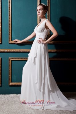 V-neck Brush Train Empire Wedding Bridal Dress Ruched Chiffon