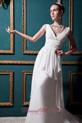 V-neck Brush Train Empire Wedding Bridal Dress Ruched Chiffon