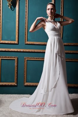 V-neck Brush Train Empire Wedding Bridal Dress Ruched Chiffon