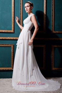 V-neck Brush Train Empire Wedding Bridal Dress Ruched Chiffon