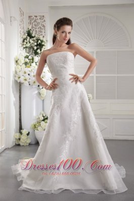 Princess Court Train Wedding Gown Strapless Organza Embroidery