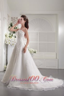 Princess Court Train Wedding Gown Strapless Organza Embroidery