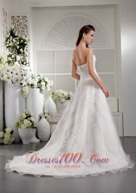 Princess Court Train Wedding Gown Strapless Organza Embroidery