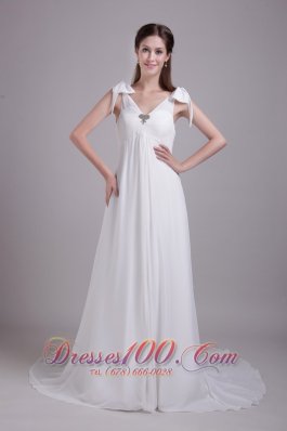 Chiffon Empire Bridal Wedding Gown Beading V-neck Brush Train