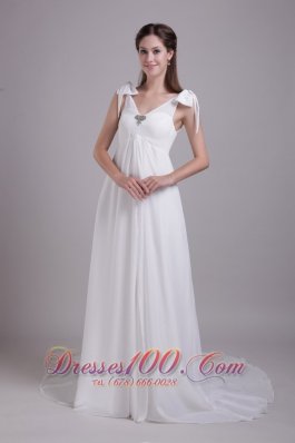 Chiffon Empire Bridal Wedding Gown Beading V-neck Brush Train