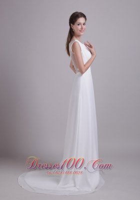 Scoop Neck Floor-length Wedding Gown Chiffon Brush Train Beading